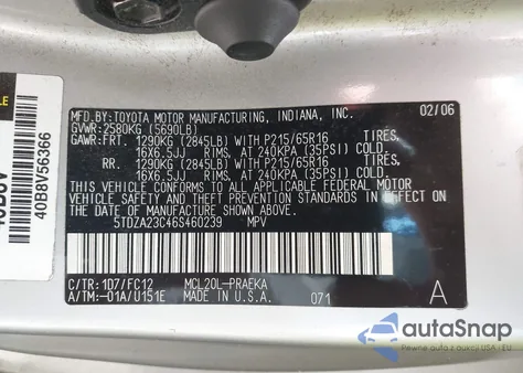 2006 Toyota Sienna Le из США, поврежденный, VIN 5TDZA23C46S460239